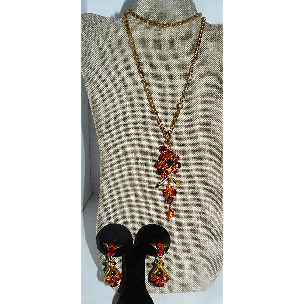 Vtg Mid-Century Gold-Tone Necklace Earrings Jewelry Set Red Amber Rhinestones